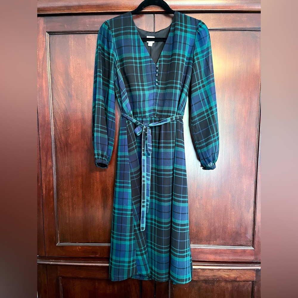 Plaid/Tartan Midi Dress (Blue, Green, and Black) size M; great condition